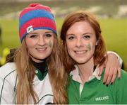 9 March 2013; Ireland supporters Sophie Gordon and Lucy Crossan, both from Belfast, at the game. RBS Six Nations Rugby Championship, Ireland v France, Aviva Stadium, Lansdowne Road, Dublin. Picture credit: Matt Browne / SPORTSFILE