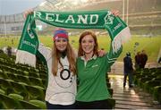 9 March 2013; Ireland supporters Sophie Gordon and Lucy Crossan, both from Belfast, at the game. RBS Six Nations Rugby Championship, Ireland v France, Aviva Stadium, Lansdowne Road, Dublin. Picture credit: Matt Browne / SPORTSFILE