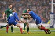 9 March 2013; Fergus McFadden, Ireland, is tackled by Frederic Michalak, left, and Wesley Fofana, France. RBS Six Nations Rugby Championship, Ireland v France, Aviva Stadium, Lansdowne Road, Dublin. Picture credit: Diarmuid Greene / SPORTSFILE