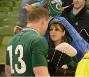 9 March 2013; Ireland's Brian O'Driscoll is greeted by his wife Amy and daughter Sadie after the game. RBS Six Nations Rugby Championship, Ireland v France, Aviva Stadium, Lansdowne Road, Dublin. Picture credit: Diarmuid Greene / SPORTSFILE