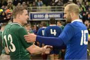 9 March 2013; Ireland's Brian O'Driscoll exchanges a handshake with France's Frederic Michalak after the game. RBS Six Nations Rugby Championship, Ireland v France, Aviva Stadium, Lansdowne Road, Dublin. Picture credit: Diarmuid Greene / SPORTSFILE