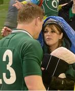 9 March 2013; Ireland's Brian O'Driscoll is greeted by his wife Amy and daughter Sadie after the game. RBS Six Nations Rugby Championship, Ireland v France, Aviva Stadium, Lansdowne Road, Dublin. Picture credit: Diarmuid Greene / SPORTSFILE