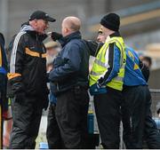 10 March 2013; Kilkenny manager Brian Cody, left, and John Hayes, far right, Tipperary backroom staff, after the Kilkenny player Tommy Walsh was sent off by referee Michael Wadding. Allianz Hurling League, Division 1A, Tipperary v Kilkenny, Semple Stadium, Thurles, Co. Tipperary. Picture credit: David Maher / SPORTSFILE