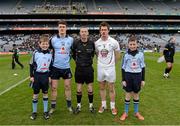 10 March 2013; Match day mascots Oisín Murray, left, and Donal Gallagher, referee Joe McQuillan, Dublin captain Diarmuid Connolly and the Kildare captain Emmet Bolton before the game. Allianz Football League, Division 1, Kildare v Dublin, Croke Park, Dublin. Picture credit: Ray McManus / SPORTSFILE