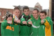 11 March 2013; At the announcement of details for the forthcoming international boxing series between Ireland and France are double Olympic bronze medal winner Paddy Barnes, left, Olympic bronze medal winner Michael Conlan, right, with fellow boxers, from left, Jason Quigley, Joe Ward, and Willie McLaughlin. Platinum One is staging the event and there will be a total of 14 bouts over two fight nights, the first on Friday May 3rd at Millstreet, Co. Cork, and the second on Sunday May 5th at the Odyssey Arena, Belfast. Tickets are available through ticketmaster.ie and ticketmaster.co.uk. Europa Hotel, Belfast. Picture credit: Oliver McVeigh / SPORTSFILE