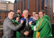 11 March 2013; At the announcement of details for the forthcoming international boxing series between Ireland and France are Fintan Drury, Platinum One, centre, with, clockwise from left, Billy Walsh, Head of the High Performance Unit, Irish Amateur Boxing Association, double Olympic bronze medal winner Paddy Barnes, Joe Ward, Jason Quigley, Olympic bronze medal winner Michael Conlan and Willie McLaughlin. Platinum One is staging the event and there will be a total of 14 bouts over two fight nights, the first on Friday May 3rd at Millstreet, Co. Cork, and the second on Sunday May 5th at the Odyssey Arena, Belfast. Tickets are available through ticketmaster.ie and ticketmaster.co.uk. Europa Hotel, Belfast. Picture credit: Oliver McVeigh / SPORTSFILE