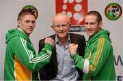 11 March 2013; At the announcement of details for the forthcoming international boxing series between Ireland and France are Fintan Drury, Platinum One, centre, Jason Quigley, left, and Willie McLaughlin. Platinum One is staging the event and there will be a total of 14 bouts over two fight nights, the first on Friday May 3rd at Millstreet, Co. Cork, and the second on Sunday May 5th at the Odyssey Arena, Belfast. Tickets are available through ticketmaster.ie and ticketmaster.co.uk. Europa Hotel, Belfast. Picture credit: Oliver McVeigh / SPORTSFILE