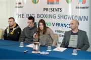 11 March 2013; At the announcement of details for the forthcoming international boxing series between Ireland and France are, from left to right, Olympic silver medal winner John Joe Nevin, Darren O’Neill, Olympic gold medal winner Katie Taylor, and coach Pete Taylor. Platinum One is staging the event and there will be a total of 14 bouts over two fight nights, the first on Friday May 3rd at Millstreet, Co. Cork, and the second on Sunday May 5th at the Odyssey Arena, Belfast. Tickets are available through ticketmaster.ie. Rochestown Park Hotel, Co. Cork. Picture credit: Diarmuid Greene / SPORTSFILE
