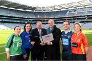 11 March 2013; Speaking at the launch of the GAA’s Healthy Club Project, are from left, Aoife Currans, Liam Mellows, Galway, Janas Harrington, St Finbarr's, Cork,  Uachtarán Cumann Lúthchleas Gael Liam Ó Néill , Dr. Tony Holohan, Chief Medical Officer at the Department of Health, Keith Loughman, St Colmcille's, Meath and Siobhan McCann, St John's, Droimnacoille, Co. Antrim. Croke Park, Dublin. Picture credit: Brendan Moran / SPORTSFILE