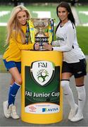 11 March 2013; At a photocall in advance of the quarter-finals of the FAI Junior Cup with Aviva and Umbro on Saturday 23rd and Sunday 24th of March are models Nicole Hughes, left, and Adrienne Murphy. Photocall ahead of FAI Junior Cup Quarter-Final with Aviva and Umbro, Aviva Stadium, Lansdowne Road, Dublin. Picture credit: Brendan Moran / SPORTSFILE