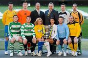 11 March 2013; At a photocall in advance of the quarter-finals of the FAI Junior Cup with Aviva and Umbro on Saturday 23rd and Sunday 24th of March are Kenny Cunningham, FAI Junior Cup Ambassador, Paul Grimes, Ireland Branch Manager, General Insurance, Aviva, and models Nicola Hughes and Adrienne Murphy with competing players, back row from left, Mark Keane, Carew Park, Limerick, Paddy Brophy, St Kevin's Boys FC, Dublin, Gavin Pender, Pearse Celtic, Cork, and Peter Keighery, Ballinasloe Town FC, with front row, from left, Pat Mullins, Pike Rovers, Limerick, Lee Murphy, Sheriff YC, Dublin, John Meleady, Kilbarrack United, Dublin and David Conroy, Ballymun United, Dublin. Photocall ahead of FAI Junior Cup Quarter-Final with Aviva and Umbro, Aviva Stadium, Lansdowne Road, Dublin. Picture credit: Brendan Moran / SPORTSFILE