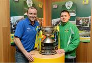 11 March 2013; At the quarter-final draw for the FAI Junior Cup with Aviva and Umbro, which take place on Saturday 23rd and Sunday 24th of March, are David Conway, left, Ballymun United, Dublin, and Pat Mullins, Pike Rovers, Limerick, who meet in the quarter-final. Aviva Umbro FAI Junior Cup Quarter-Finals Photocall, Aviva Stadium, Lansdowne Road, Dublin. Picture credit: Brendan Moran / SPORTSFILE