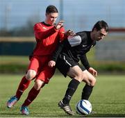 13 March 2013; Ger Pender, IT Carlow 'B', in action against Jordan Gardner, Sallynoggin College of FE. UMBRO CUFL Division 1 Final, IT Carlow 'B' v Sallynoggin College of FE, Leixlip United FC, Leixlip, Co. Kildare. Picture credit: David Maher / SPORTSFILE