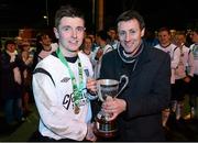 13 March 2013; The Dublin IT captain Eoin Murray is presented with the cup by Liam McGroarty, FAI. UMBRO CUFL Premier Final, Dublin City University v Dublin IT, Frank Cooke Park, Tolka Rovers FC, Dublin. Picture credit: David Maher / SPORTSFILE