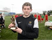 13 March 2013; Craig Shortt, IT Carlow 'B', with the man of the match award. UMBRO CUFL Division 1 Final, IT Carlow 'B' v Sallynoggin College of FE, Leixlip United FC, Leixlip, Co. Kildare. Picture credit: David Maher / SPORTSFILE