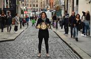 31 October 2017; WBA World Lightweight Champion Katie Taylor poses with her WBA belt after a press conference at the Irish Film Institute, in Temple Bar, Dublin. Photo by Brendan Moran/Sportsfile