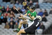 16 March 2013; Greame Mulcahy, Limerick, collides with Dublin goalkeeper Alan Nolan before scoring a goal for his team. Allianz Hurling League, Division 1A, Dublin v Limerick, Croke Park, Dublin. Picture credit: Pat Murphy / SPORTSFILE