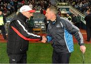 16 March 2013; Tyrone manager Mickey Harte and Dublin manager Jim Gavin, right, shake hands after the game. Allianz Football League, Division 1, Dublin v Tyrone, Croke Park, Dublin. Picture credit: Pat Murphy / SPORTSFILE