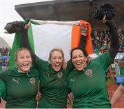 17 March 2013; Ireland's Laura Guest, left, Joy Neville and Lauren Day, right, celebrate after the final whistle. Women's 6 Nations Rugby Championship, Italy v Ireland, Parabiago, Milan, Italy. Picture credit: Matt Browne / SPORTSFILE