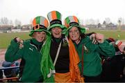 17 March 2013; Ireland supporters, from left, Jeannette Feighery, from Birr, Co. Offaly, Kate McCarthy, from Cork City, and Deirdre O'Brien, from Limerick City, at the game. Women's 6 Nations Rugby Championship, Italy v Ireland, Parabiago, Milan, Italy. Picture credit: Matt Browne / SPORTSFILE