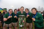 17 March 2013; Ireland players, from left, Ailis Egan, Nora Stapleton, Marie Luise Reilly, Fiona Coghlan and Jenny Murphy celebrate after the final whistle. Women's 6 Nations Rugby Championship, Italy v Ireland, Parabiago, Milan, Italy. Picture credit: Matt Browne / SPORTSFILE