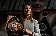 31 October 2017; WBA World Lightweight Champion Katie Taylor poses with her WBA belt at a press conference at the Irish Film Institute, in Temple Bar, Dublin. Photo by Brendan Moran/Sportsfile