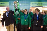 18 March 2013; Ireland head coach Philip Doyle, captain Fiona Coghlan and team manager Gemma Crowley and the rest of the squad with the RBS Women's Six Nations Championship trophy on their arrival home from the Women's 6 Nations Rugby Championship. Terminal 2, Dublin Airport, Dublin. Picture credit: Brendan Moran / SPORTSFILE