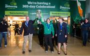 18 March 2013; Ireland head coach Philip Doyle, captain Fiona Coghlan and team manager Gemma Crowley with the RBS Women's Six Nations Championship trophy on their arrival home from the Women's 6 Nations Rugby Championship. Terminal 2, Dublin Airport, Dublin. Picture credit: Brendan Moran / SPORTSFILE