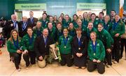 18 March 2013; The Ireland squad with the RBS Women's Six Nations Championship trophy on their arrival home from the Women's 6 Nations Rugby Championship. Terminal 2, Dublin Airport, Dublin. Picture credit: Brendan Moran / SPORTSFILE