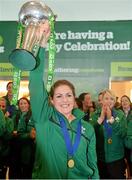 18 March 2013; Ireland captain Fiona Coghlan with the RBS Women's Six Nations Championship trophy on their arrival home from the Women's 6 Nations Rugby Championship. Terminal 2, Dublin Airport, Dublin. Picture credit: Brendan Moran / SPORTSFILE