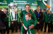 18 March 2013; Ireland captain Fiona Coghlan is greeted by her nephew Charlie Coghlan, age 7 and three quarters, from Clontarf, Dublin, as she arrives with the RBS Women's Six Nations Championship trophy on the irish team's arrival home from the Women's 6 Nations Rugby Championship. Terminal 2, Dublin Airport, Dublin. Picture credit: Brendan Moran / SPORTSFILE