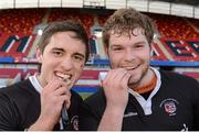 18 March 2013; Crescent College Comprehensive players Greg O'Shea, left, and Jack Dinneen celebrate with their winners' medals after victory over Rockwell College. Munster Schools Senior Cup Final, Crescent College Comprehensive v Rockwell College, Thomond Park, Limerick. Picture credit: Diarmuid Greene / SPORTSFILE