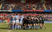 18 March 2013; The Rockwell College and Crescent College Comprehensive teams gather together in their pre-match huddles. Munster Schools Senior Cup Final, Crescent College Comprehensive v Rockwell College, Thomond Park, Limerick. Picture credit: Diarmuid Greene / SPORTSFILE