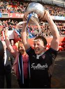 18 March 2013; Crescent College Comprehensive captain Gearoid Lyons, alongside his mother Mary, lifts the cup after victory over Rockwell College. Munster Schools Senior Cup Final, Crescent College Comprehensive v Rockwell College, Thomond Park, Limerick. Picture credit: Diarmuid Greene / SPORTSFILE