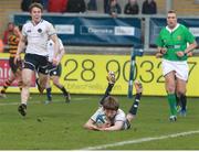 18 March 2013; Conor Kelly, Methodist College, scores his side's second try. Danske Bank Schools Rugby Cup Final, Royal Belfast Academical Institution v Methodist College, Ravenhill Park, Belfast, Co. Antrim. Picture credit: Liam McBurney / SPORTSFILE