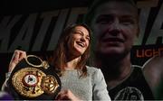 31 October 2017; WBA World Lightweight Champion Katie Taylor poses with her WBA belt at a press conference at the Irish Film Institute, in Temple Bar, Dublin. Photo by Brendan Moran/Sportsfile