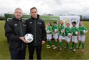 19 March 2013; Republic of Ireland captain Robbie Keane was unveiled as ambassador for the McDonald's FAI Future Football programme, a brand new partnership to support grassroots football clubs and enhance the work they do at a local level. Over 4,000 boys and girls, under 8, under 9, and under 10, from 83 clubs across Ireland are expected to participate in the new initiative this year, which includes free coach education workshops, Fun Days, and football competitions. At the launch are Adrian Crean, Managing Director, McDonald's Restaurants of Ireland, left, and Max Hamilton, Commercial and Marketing Director, FAI, with pupils from Pope John Paul II National School, Malahide, from left, Cliona Fitzpatrick, Odran Monaghan, Ugne Toniuskinaite, Brian McManus, Sam Zeleke, and Andrea Roche. McDonald’s FAI Launch of Future Football, Malahide Castle, Dublin. Picture credit: Brian Lawless / SPORTSFILE