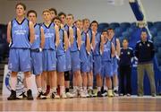 20 March 2013; The Cnoc Mhuire Granard Longford team including captain Cian Brady, left, stand for the National Anthem. U16B Boys - All-Ireland Schools League Finals 2013, Moyle Park College, Dublin v Cnoc Mhuire Granard Longford, National Basketball Arena, Tallaght, Dublin. Picture credit: Brian Lawless / SPORTSFILE