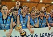 20 March 2013; Cnoc Mhuire Granard Longford captain Cian Brady and his team-mates celebrate with the cup. U16B Boys - All-Ireland Schools League Finals 2013, Moyle Park College, Dublin v Cnoc Mhuire Granard Longford, National Basketball Arena, Tallaght, Dublin. Picture credit: Brian Lawless / SPORTSFILE