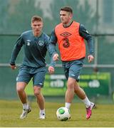 20 March 2013; Republic of Ireland's Robbie Brady and Jeff Hendrick, left, in action during squad training ahead of their side's 2014 FIFA World Cup, Group C, qualifier match against Sweden on Friday. Republic of Ireland Squad Training, Gannon Park, Malahide, Co. Dublin. Picture credit: Brendan Moran / SPORTSFILE