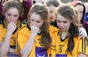 20 March 2013; St Paul's High School players Emma King, left, Sarah King, centre, and Shauna McCrink show their disappointment after defeat to Glenamaddy Community School. Tesco HomeGrown Post Primary School Junior A Final, Glenamaddy Community School, Co. Galway v St Paul's High School, Co. Armagh, Glenamaddy GAA Club, Galway. Picture credit: Diarmuid Greene / SPORTSFILE