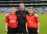 16 March 2013; Match day referee James Owens with 'Young Whistlers' Alex Dodu and Dillon Hyland, both St Joseph's N.S., Fairview, before the game. Allianz Hurling League, Division 1A, Dublin v Limerick, Croke Park, Dublin. Picture credit: Ray McManus / SPORTSFILE