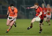 20 March 2013; Eddie English, Armagh, in action against Michael Hughes, Down. Cadbury Ulster GAA Football Under 21 Championship, Quarter-Final, Armagh v Down, Athletic Grounds, Armagh. Picture credit: Oliver McVeigh / SPORTSFILE