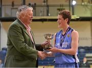 20 March 2013; Cian Brady, captain, Cnoc Mhuire Granard Longford, is presented with the cup by Gerry Smyth, Former Chairperson of the PPSEC. U16B Boys - All-Ireland Schools League Finals 2013, Moyle Park College, Dublin v Cnoc Mhuire Granard Longford, National Basketball Arena, Tallaght, Dublin. Picture credit: Brian Lawless / SPORTSFILE