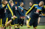 21 March 2013; Sweden's Zlatan Ibrahimovic, and Jonas Olsson during squad training ahead of their side's 2014 FIFA World Cup, Group C, qualifier match against the Republic of Ireland on Friday. Sweden Squad Training, Friends Arena, Solna, Stockholm, Sweden. Picture credit: David Maher / SPORTSFILE