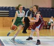 21 March 2013; Amy Connolly, St Aidans, in action against Caoimhe McDonnell, Portmarnock Community School. U19C Girls - All-Ireland Schools League Finals 2013, Portmarnock Community School v St Aidans, Cork, National Basketball Arena, Tallaght, Dublin. Picture credit: Matt Browne / SPORTSFILE