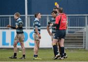 21 March 2013; Zaran Butt, Castleknock College, is shown the yellow card by referee Brian McNeice. Leinster Schools Senior Plate Final, Belvedere College SJ v Castleknock College, Donnybrook Stadium, Donnybrook, Dublin. Picture credit: Brian Lawless / SPORTSFILE