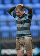 21 March 2013; Sean McEntaggart, Castleknock College, shows his disappointment after Belvedere College SJ scored a try. Leinster Schools Senior Plate Final, Belvedere College SJ v Castleknock College, Donnybrook Stadium, Donnybrook, Dublin. Picture credit: Brian Lawless / SPORTSFILE