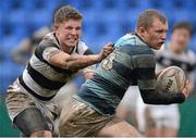 21 March 2013; Sean McEntaggart, Castleknock College, is tackled by Gerard Young, Belvedere College SJ. Leinster Schools Senior Plate Final, Belvedere College SJ v Castleknock College, Donnybrook Stadium, Donnybrook, Dublin. Picture credit: Brian Lawless / SPORTSFILE