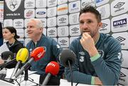 21 March 2013; Republic of Ireland captain Robbie Keane with manager Giovanni Trapattoni during a press conference ahead of their side's 2014 FIFA World Cup, Group C, qualifier match against Sweden on Friday. Republic of Ireland Squad  Press Conference, Friends Arena, Solna, Stockholm, Sweden. Picture credit: David Maher / SPORTSFILE